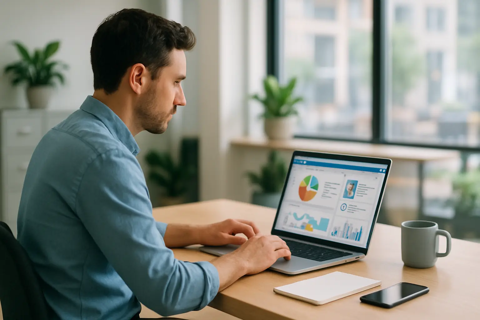 man working on laptop at desk with charts and graphs on the screen